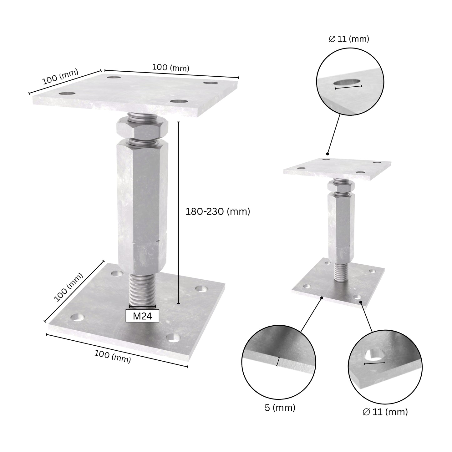 Adjustable post support with lock and long nut