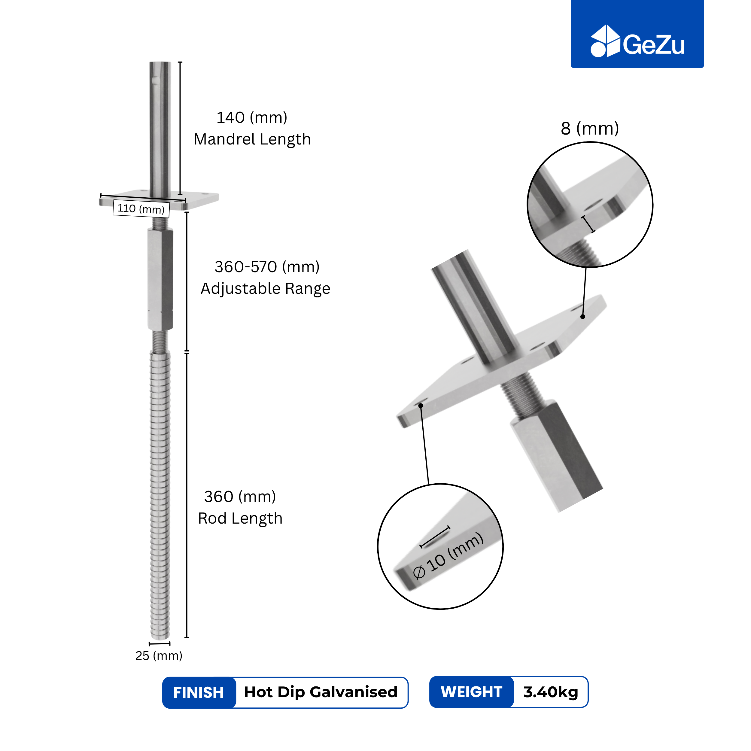 Adjustable T Post Support for Concrete with lock, long nut and lock pin