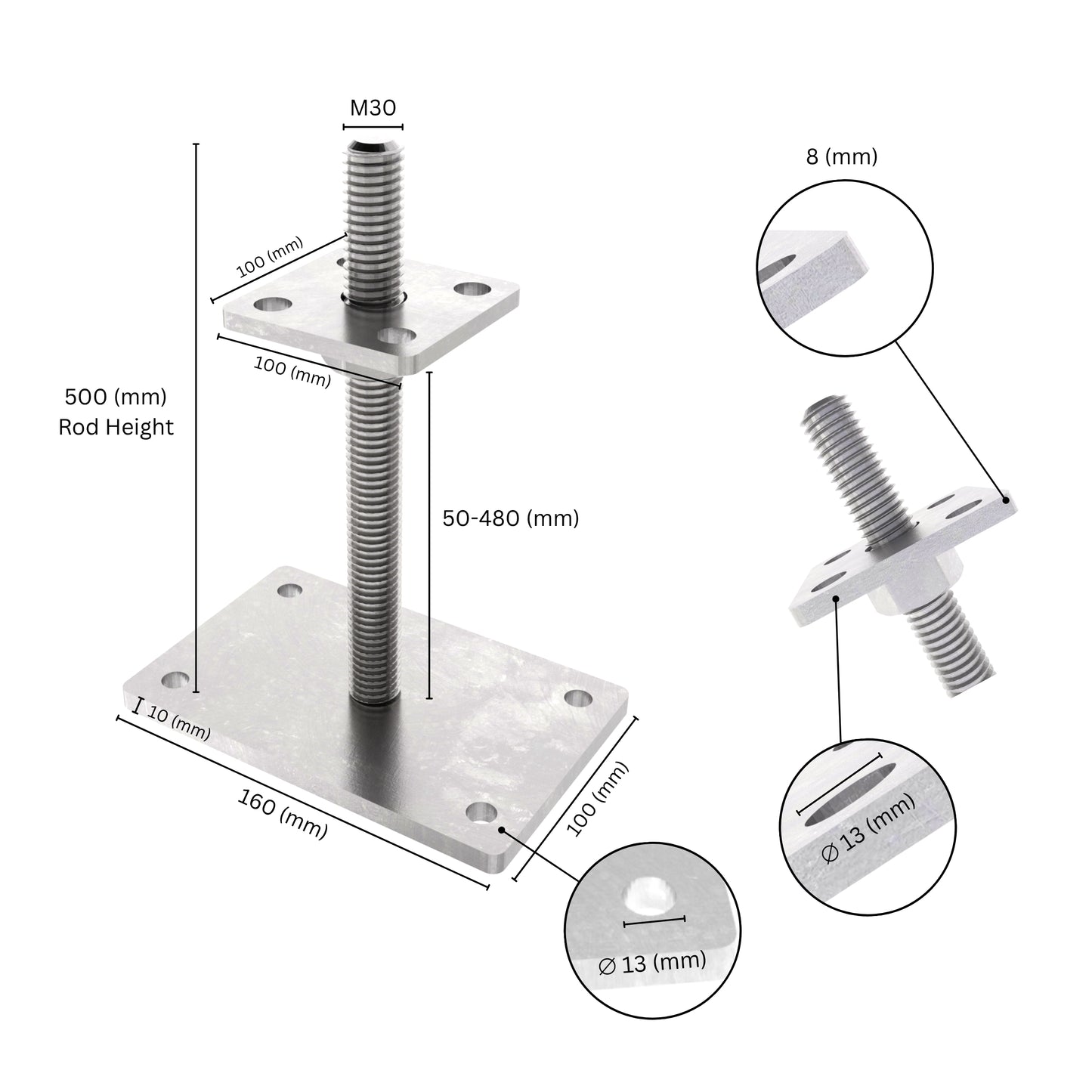 Bolt down height adjustable post support with labeled size dimensions, showing base plate, bolt and adjustment range.