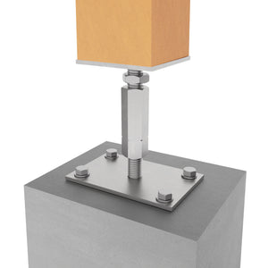 Wooden post attached to bolt down adjustable post base.