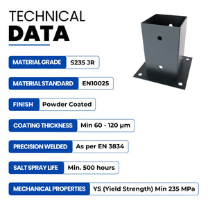 Square bolt down post support base, galvanised post shoe - detail view 45
