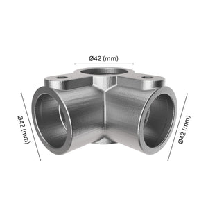 90° 3-way mid rail corner pipe clamp 42 mm with labeled dimensions.
