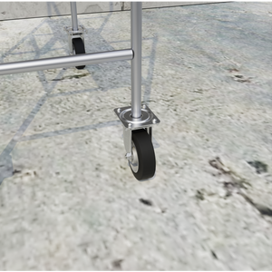 Heavy-duty swivel caster wheels attached to a structure.