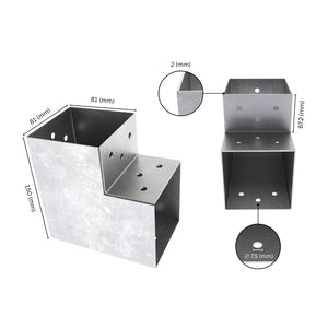 2 way post connector L shaped showing labeled dimensions, bracket size, length and thickness.