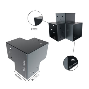 3 way post connector Y shaped showing labeled dimensions, bracket size, length and thickness.