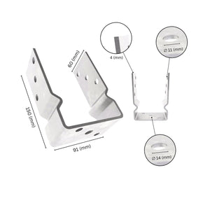 U shape post support fence foot base bracket with labeled dimensions.
