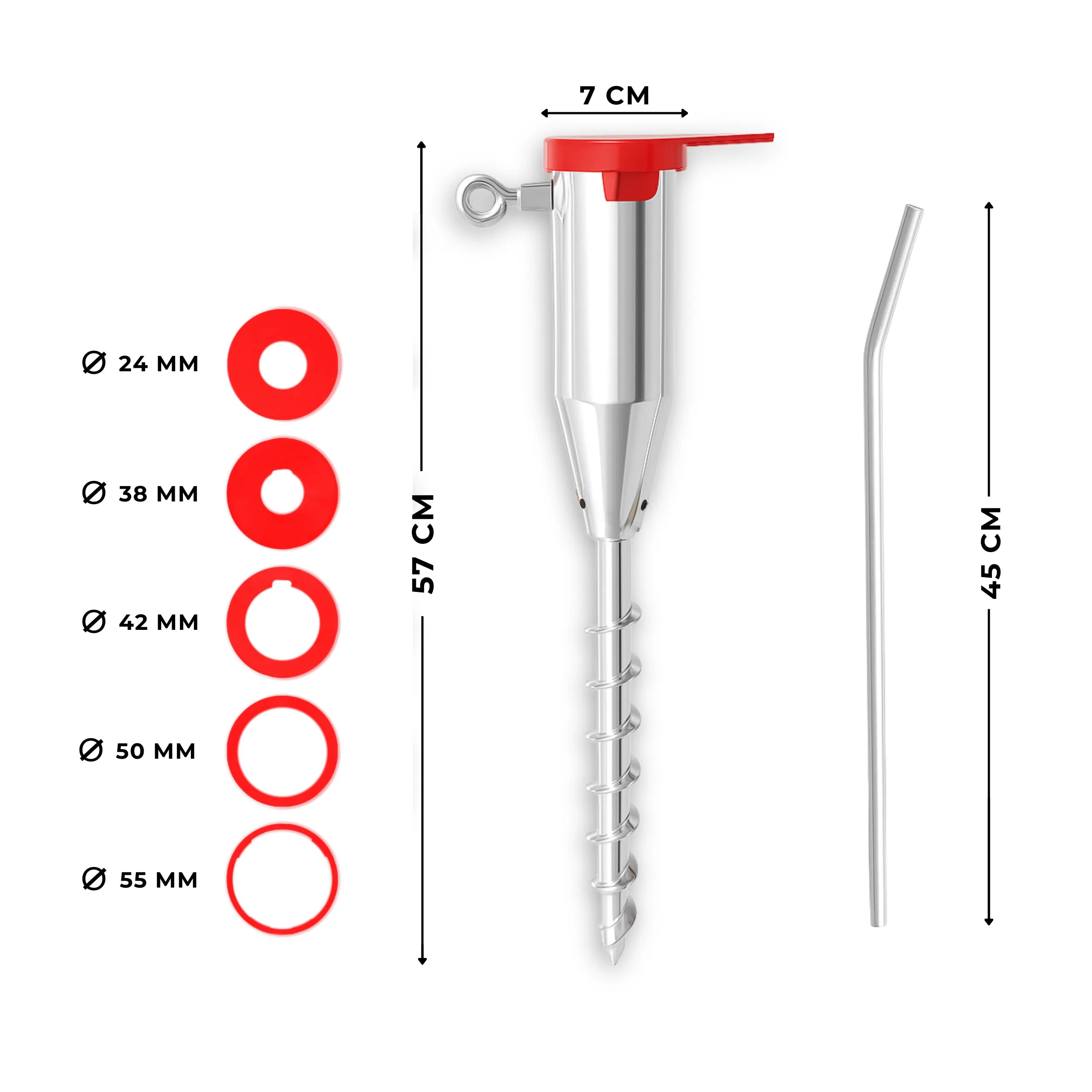 Parasol ground anchor with labeled size dimensions.