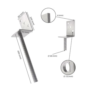 Concrete post anchor L shape with labeled size dimensions.