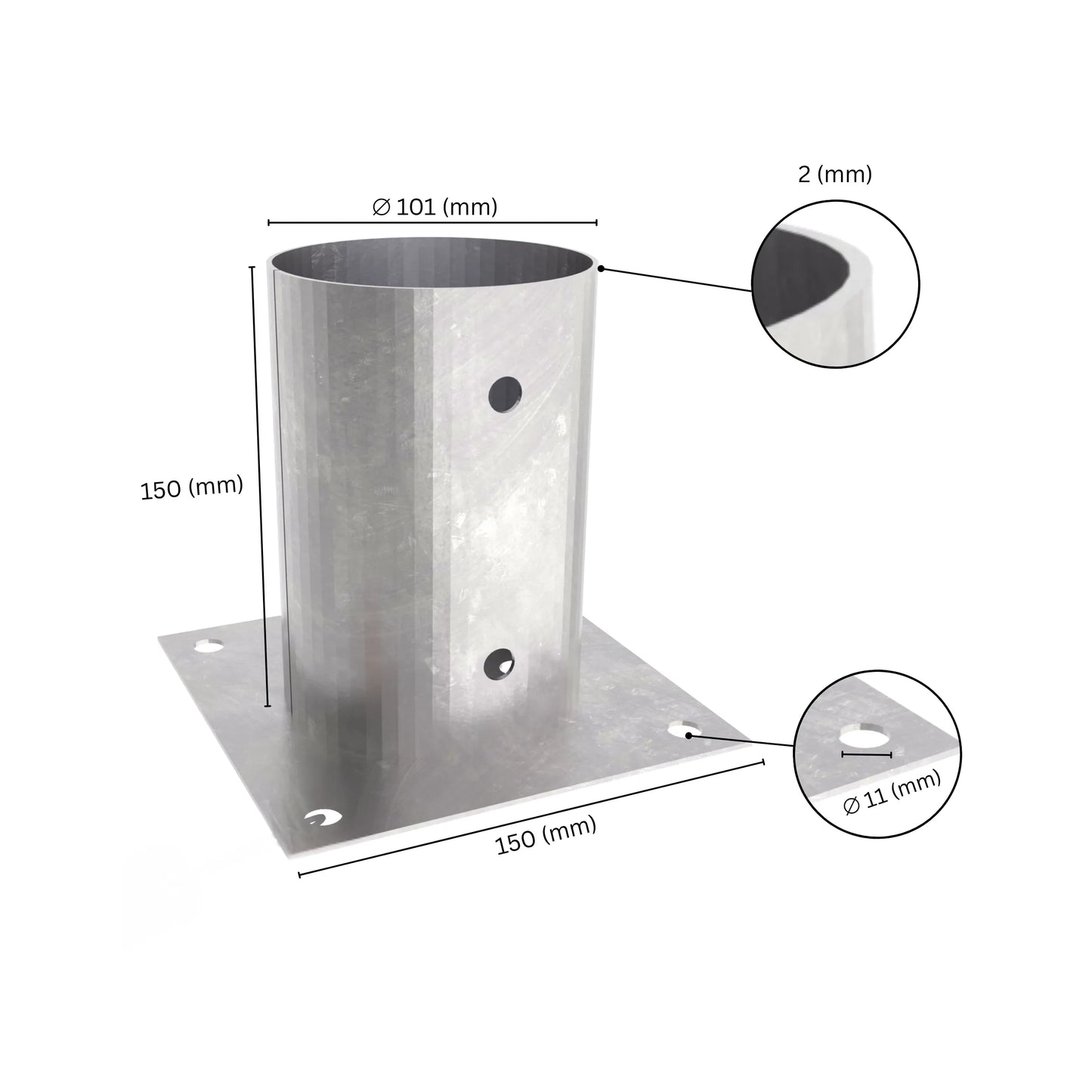 Round post base bracket holder with labeled dimensions showing bracket size, height and base plate width.