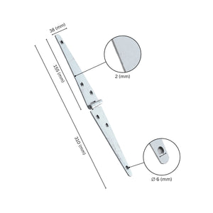 Strap hinge for door with labeled dimensions.