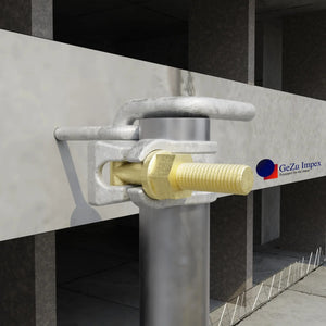 Close-up of a scaffold half coupler with hook securing a tube to the structure.