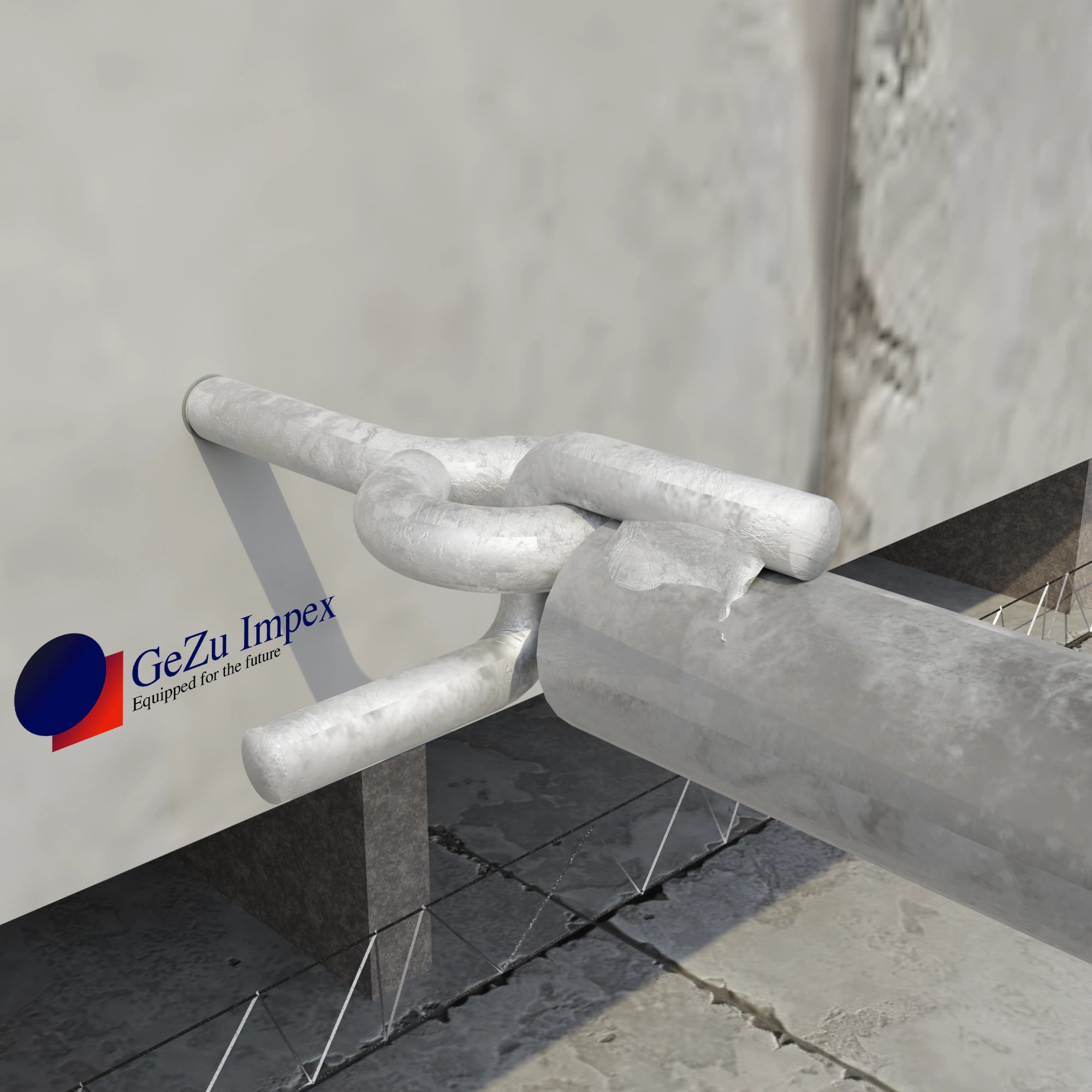 Scaffold wall tie tube anchor with hook attached to wall.