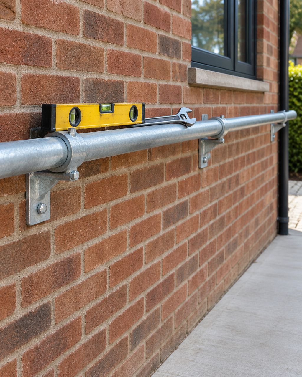 Galvanised pipe handrail bolted to a brick wall with tube clamp connectors