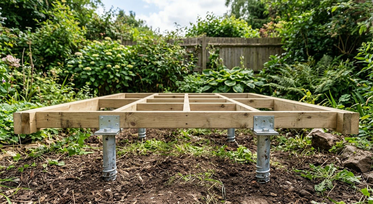 Ground screw post anchors carrying a timber deck frame above garden soil