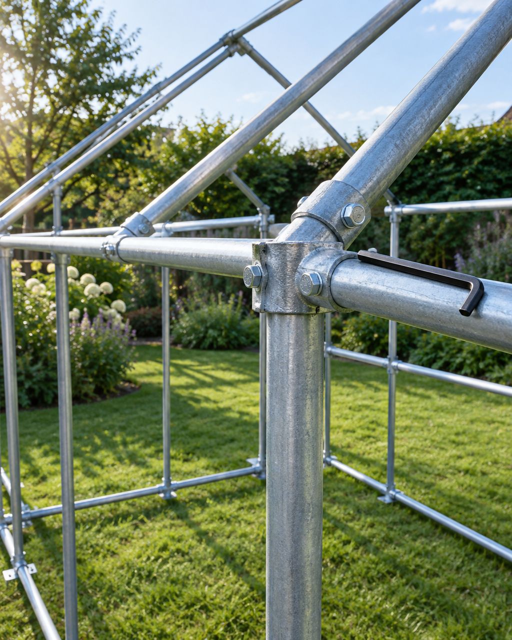 DIY greenhouse frame built from galvanised scaffold tube joined with bolted pipe fittings
