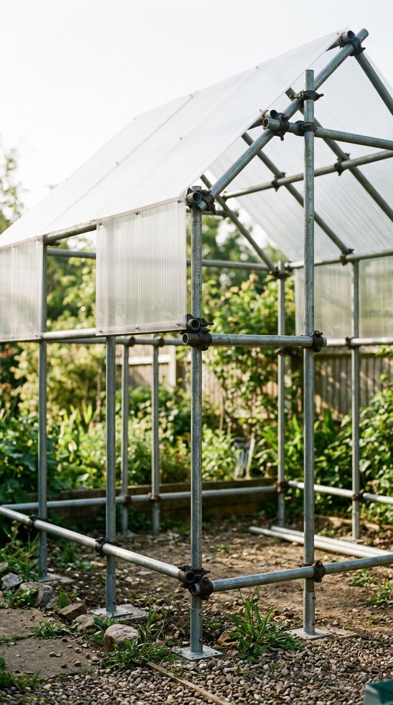 DIY greenhouse frame built from galvanised scaffold tube and bolted pipe fittings