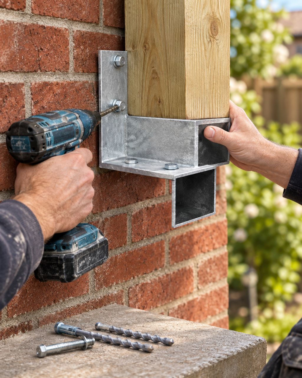 Galvanised L-shape pergola bracket bolted to a brick wall carrying a timber beam