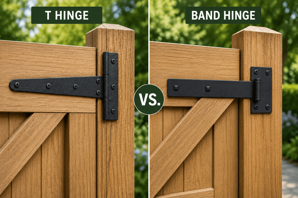T hinge and gate band hinge compared side by side on a workbench