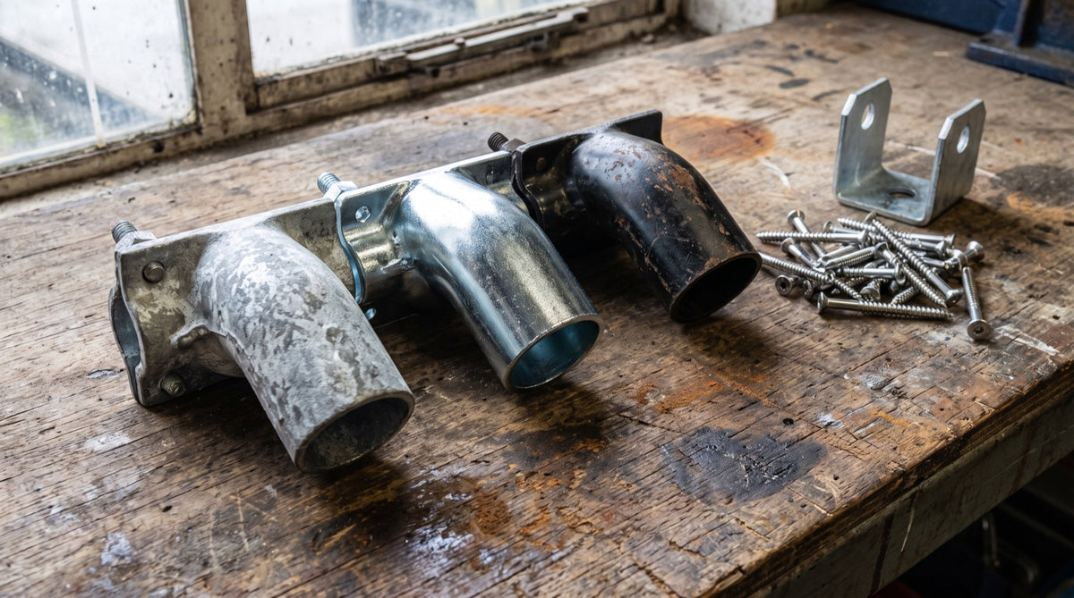 Steel tube fittings in three finishes: matte grey hot-dip galvanised, bright electroplated zinc and bare black steel, beside a galvanised post support bracket and stainless steel screws