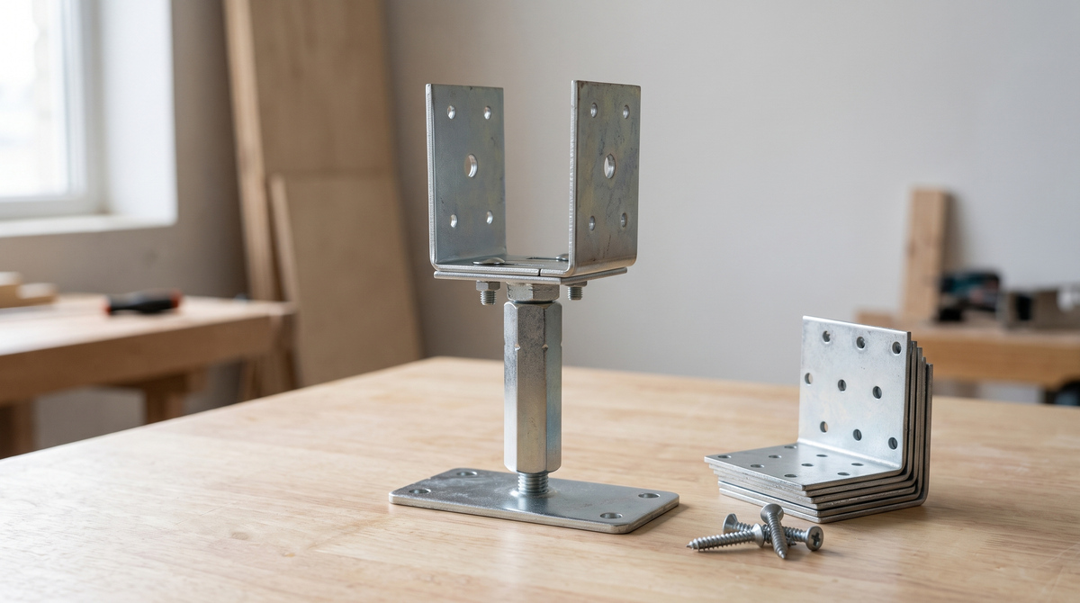 Adjustable U-shaped post support with perforated angle brackets on a workshop table