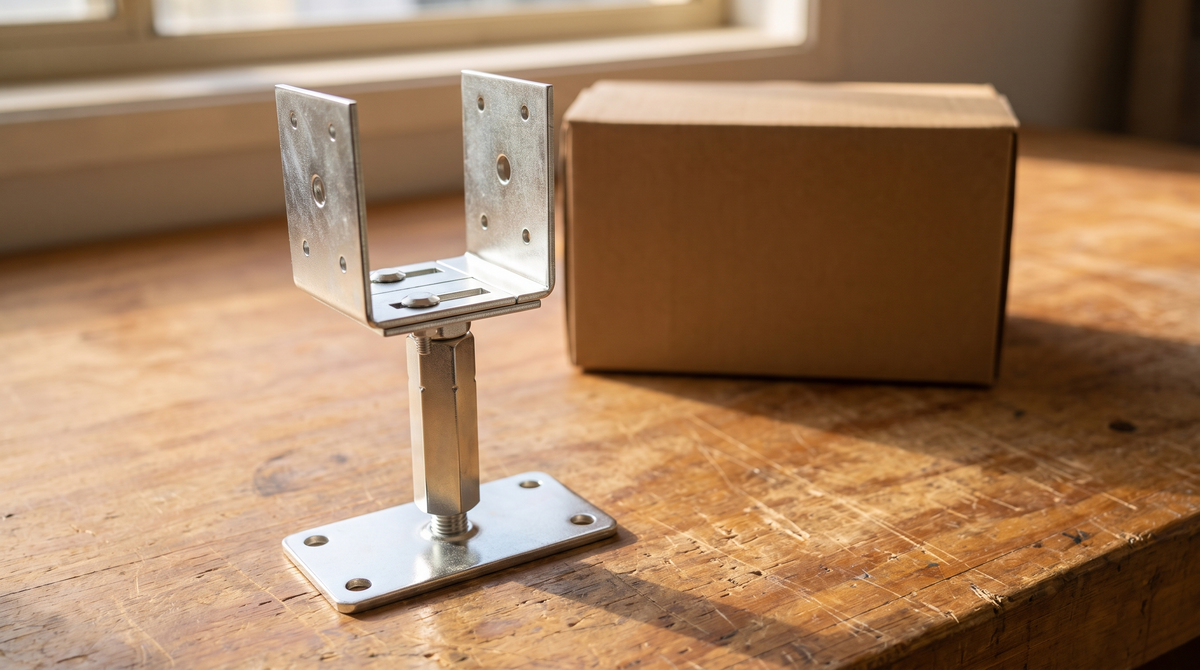 Adjustable U-shaped post support on a timber workbench beside a parcel box