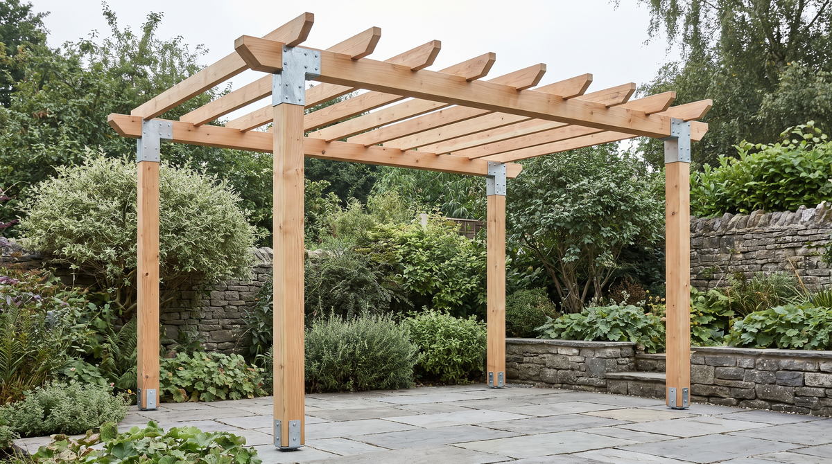 Timber pergola with galvanised steel corner connectors at the post tops and bolt-down post shoes at the base, on a paved garden patio.