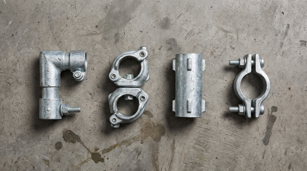Four types of galvanised steel scaffolding coupler laid out in a row: right-angle, swivel, sleeve and putlog.