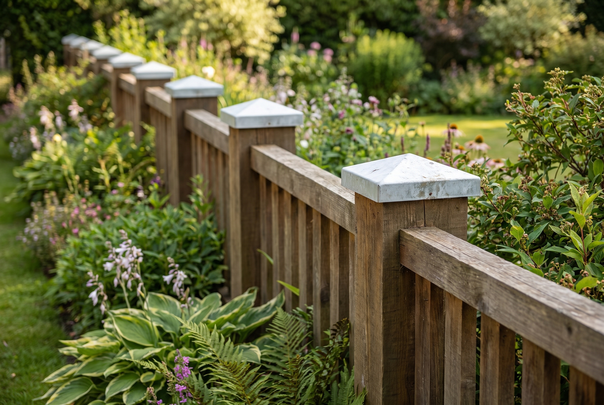Galvanised pyramid post caps on the posts of a timber garden fence