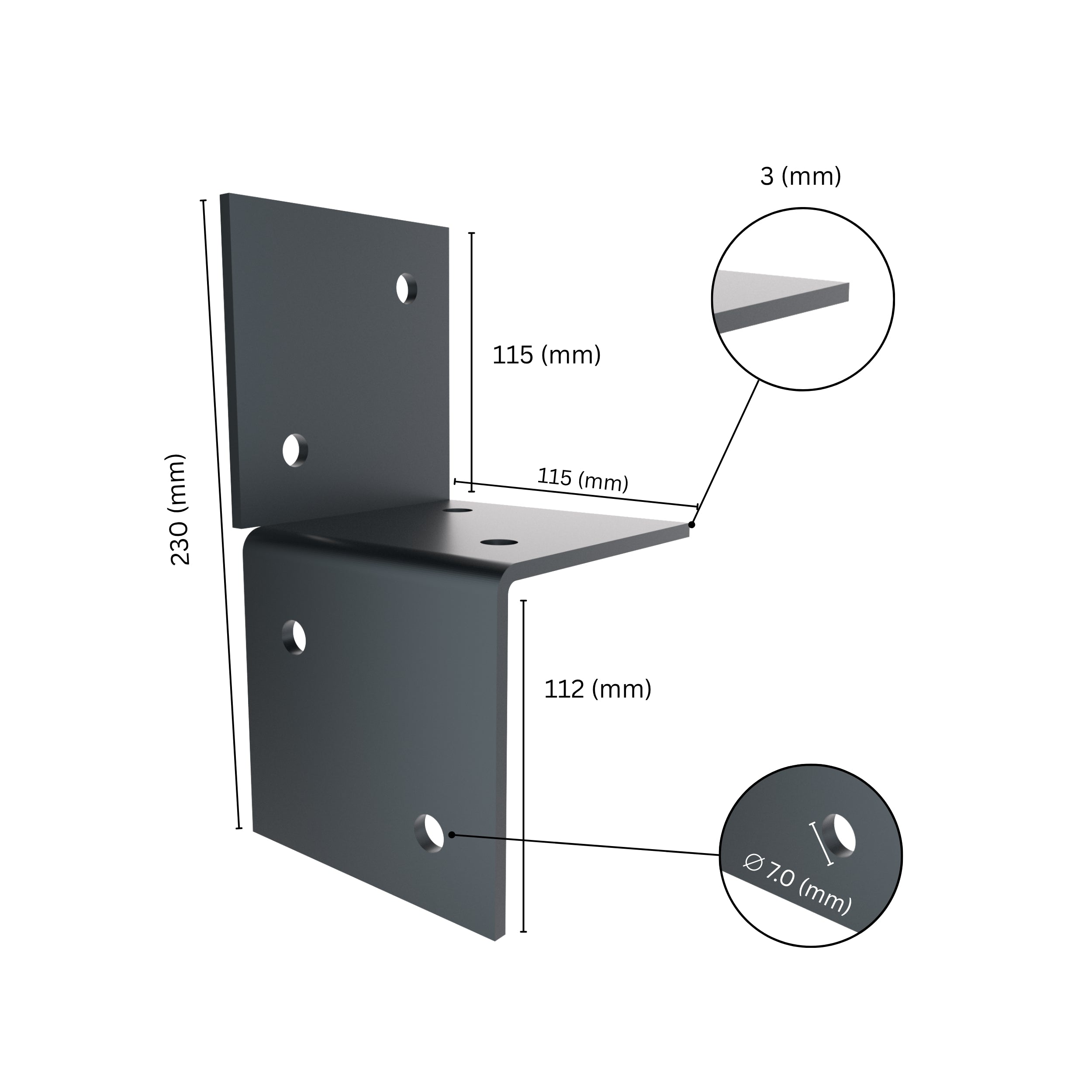 Wall pergola bracket with labeled size dimensions.