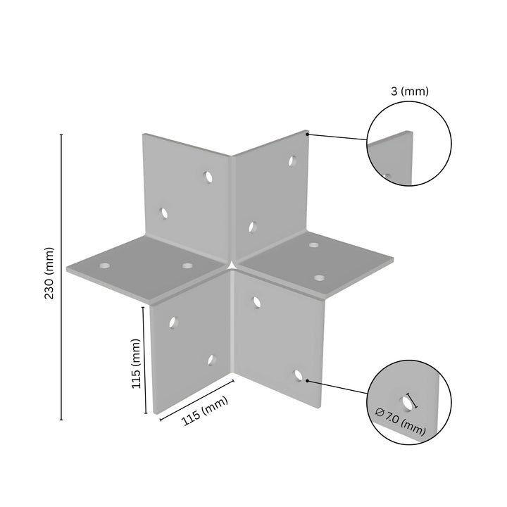  3-way open pergola corner connector bracket with labeled dimensions.