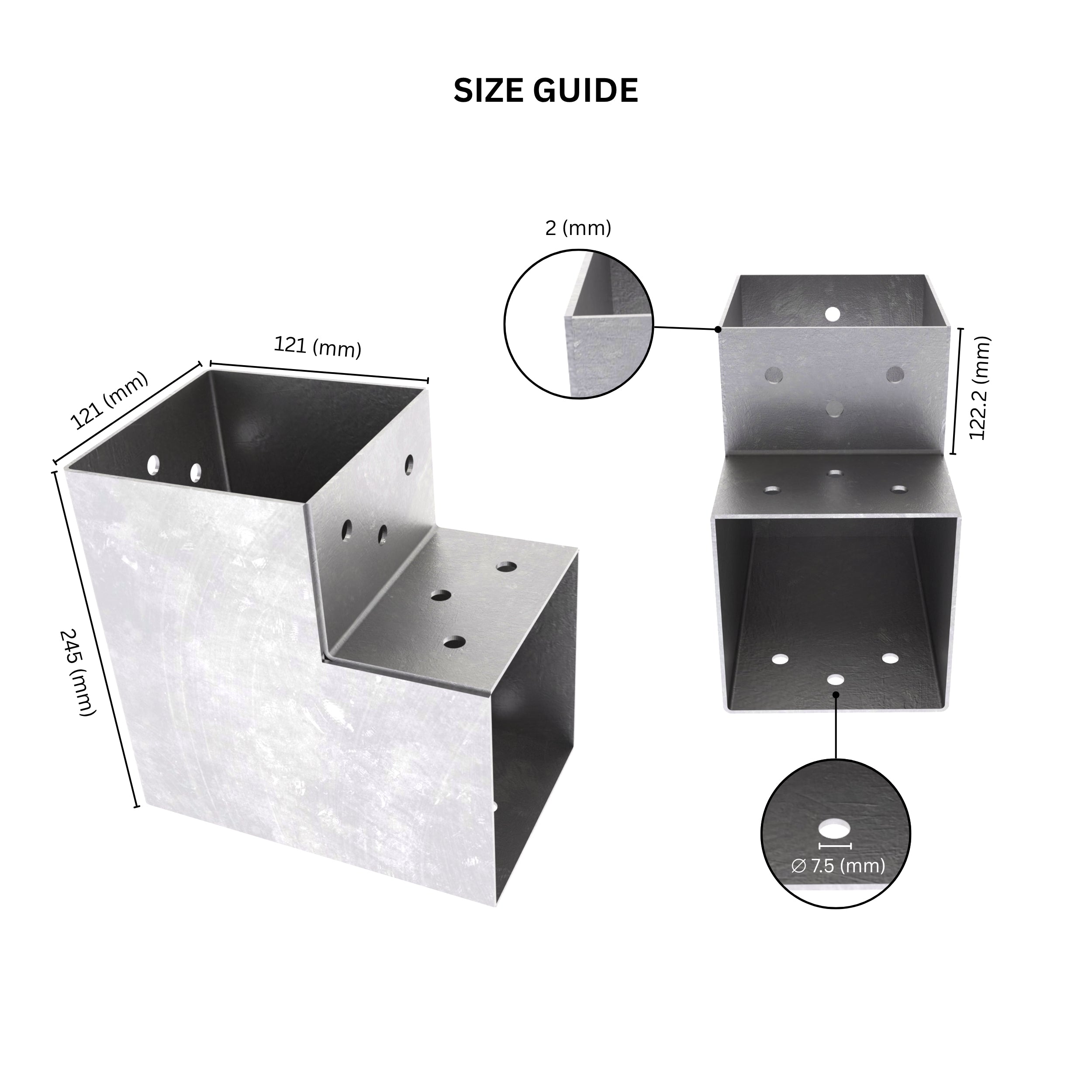 2 way post connector L shaped showing labeled dimensions, bracket size, length and thickness.
