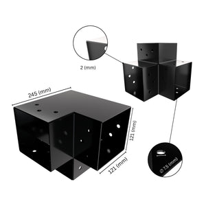 3 way post connector Y shaped showing labeled dimensions, bracket size, length and thickness.