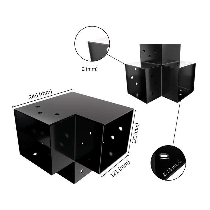 3 way post connector Y shaped showing labeled dimensions, bracket size, length and thickness.