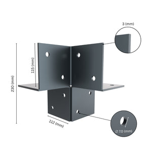  3-way open pergola corner connector bracket with labeled dimensions.