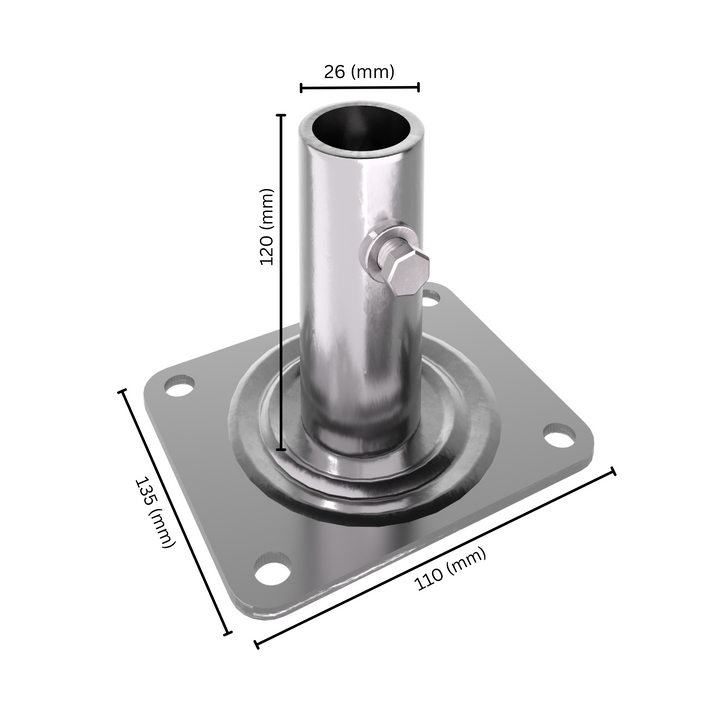 Scaffolding base plate with labeled dimensions.