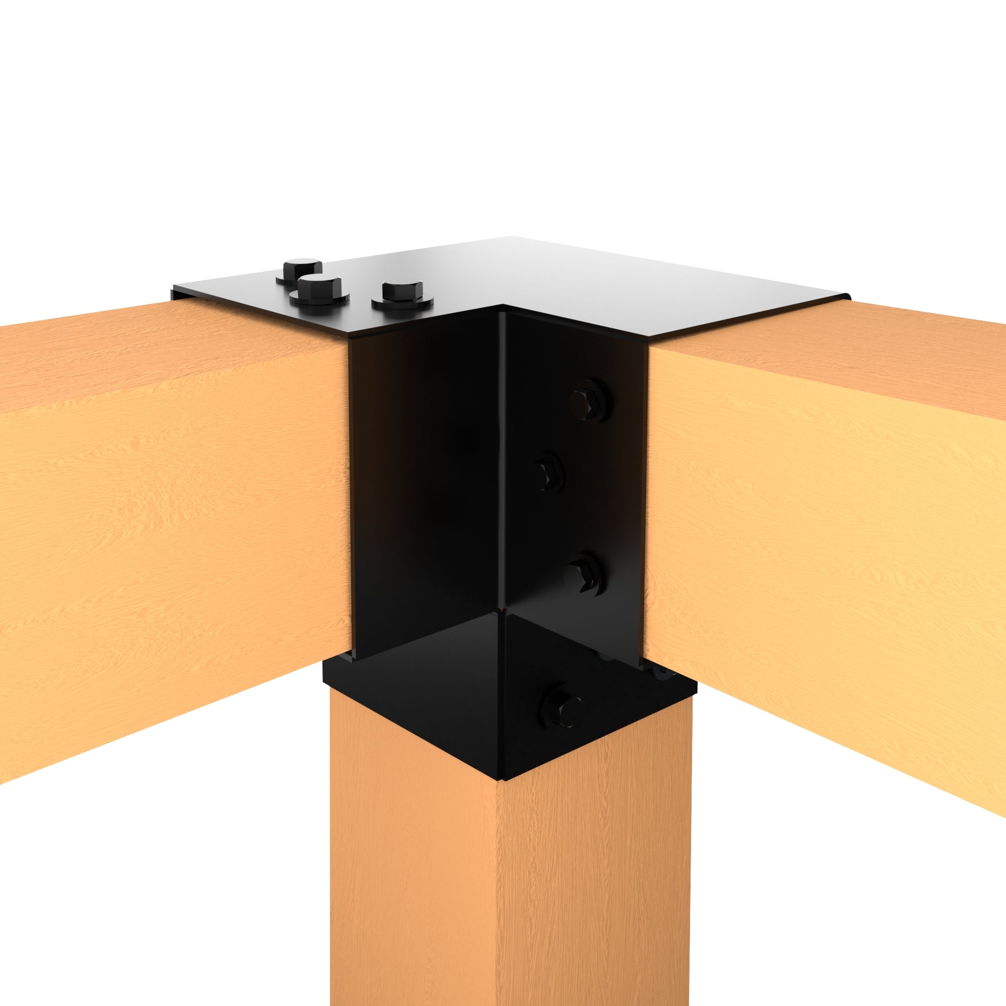 Y shaped metal post connector joining three wooden beams at a right angle.