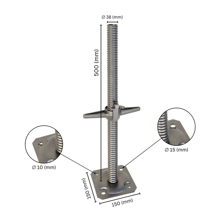 Height-adjustable scaffold base jack with labeled dimensions, showing threaded rod, butterfly wing nut, jack nut and base plate size.