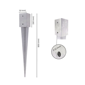 Fence post holder support anchor spike with labeled size and dimensions.