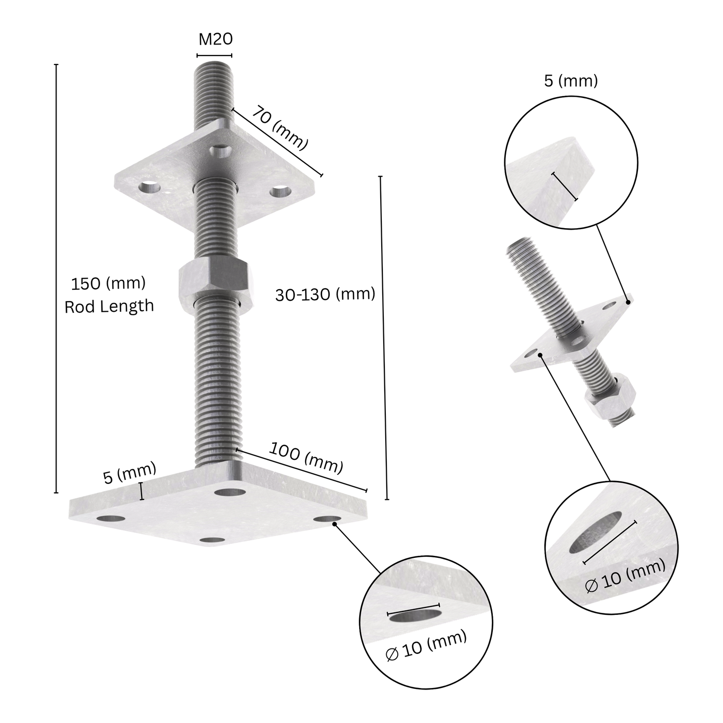 Height-adjustable bolt-down post holder with labeled size and dimensions showing base plate, bolt and adjustment range.