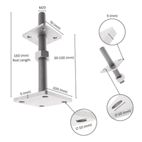 Height-adjustable bolt-down post holder with labeled size and dimensions showing base plate, bolt and adjustment range.