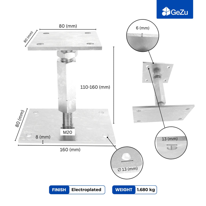 Bolt Down Elevated Adjustable Post Base With Nut