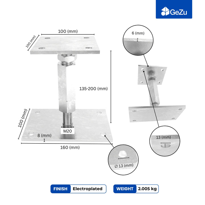 Bolt Down Elevated Adjustable Post Base With Nut