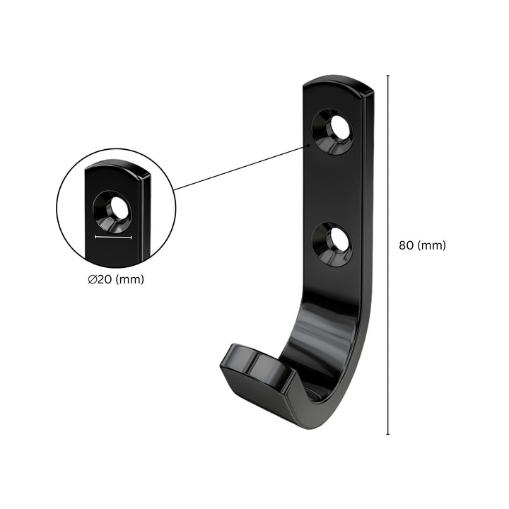 Wall mount J hook with labeled dimensions.
