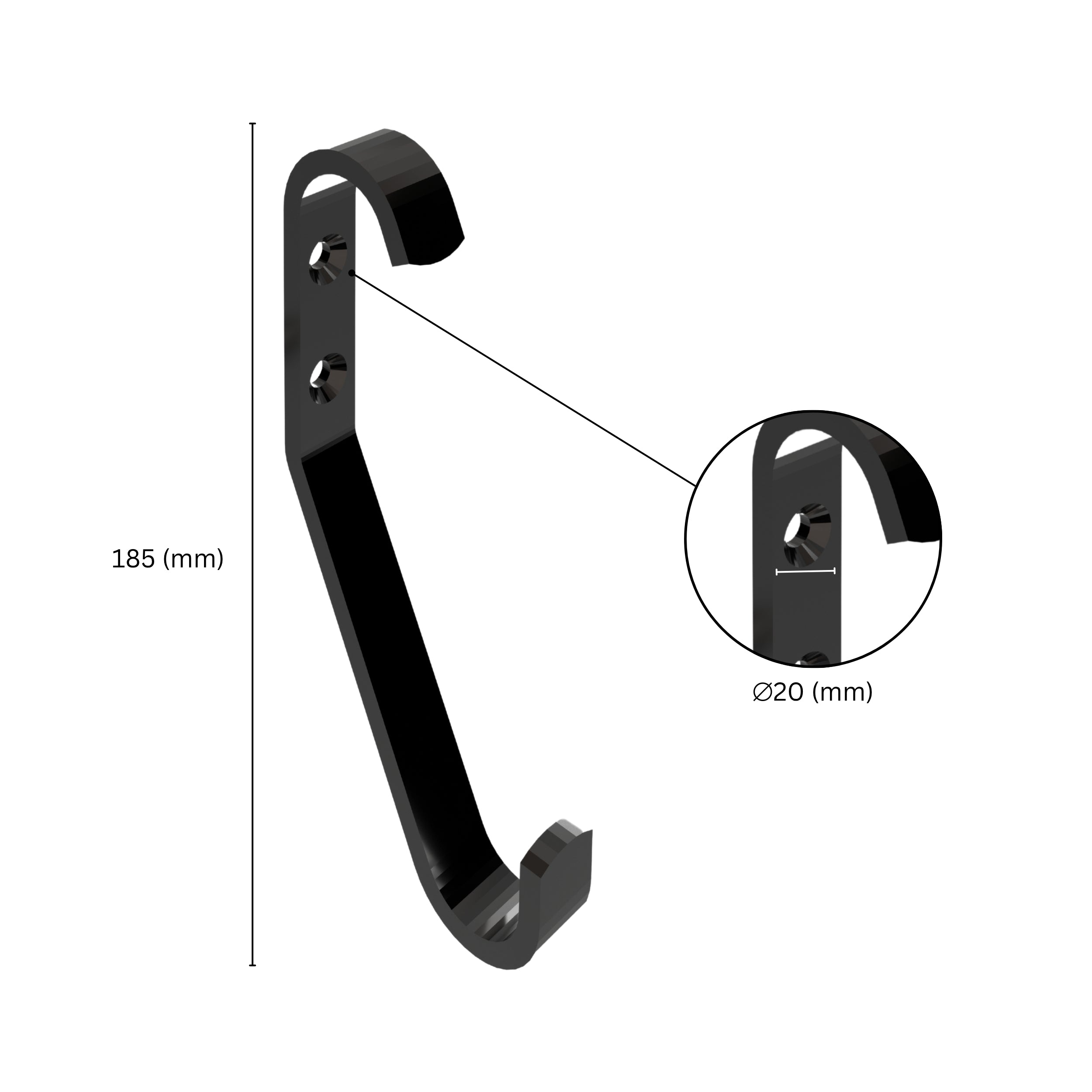 Wall mounted hook with labeled dimensions.
