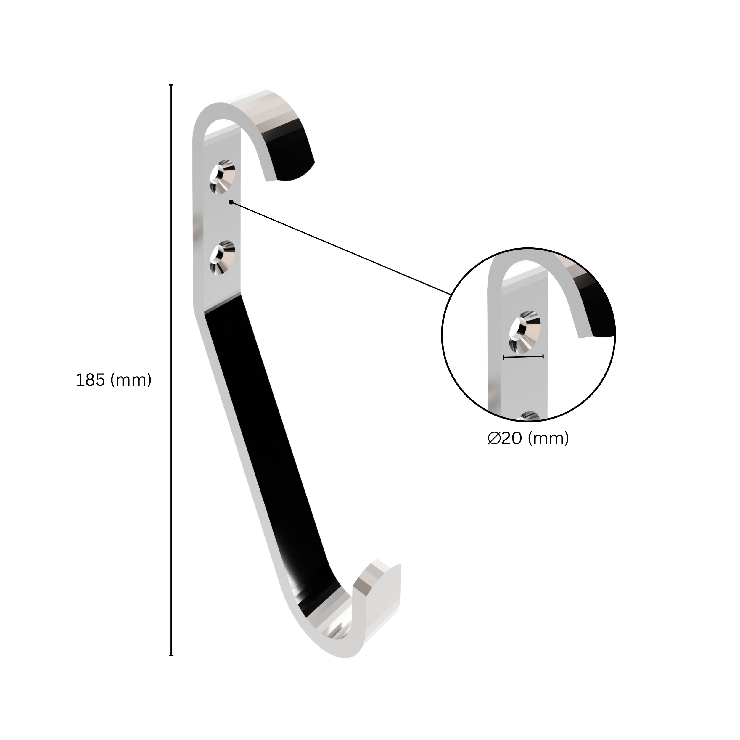 Wall mounted hook with labeled dimensions.