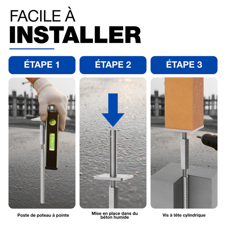 Adjustable T Post Support for Concrete with lock, long nut and lock pin