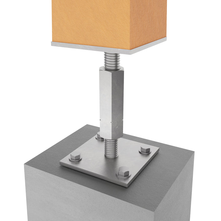 Wooden post attached to bolt down adjustable post base.