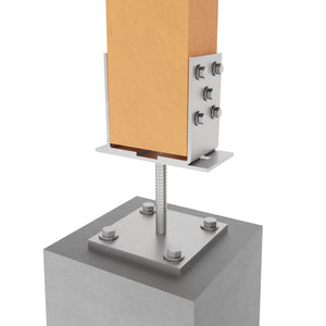 Adjustable U-post support bracket holding wooden fence post, mounted on concrete base.