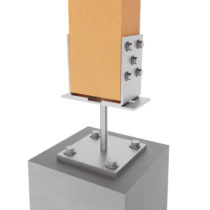 Adjustable U-post support bracket holding wooden fence post, mounted on concrete base.