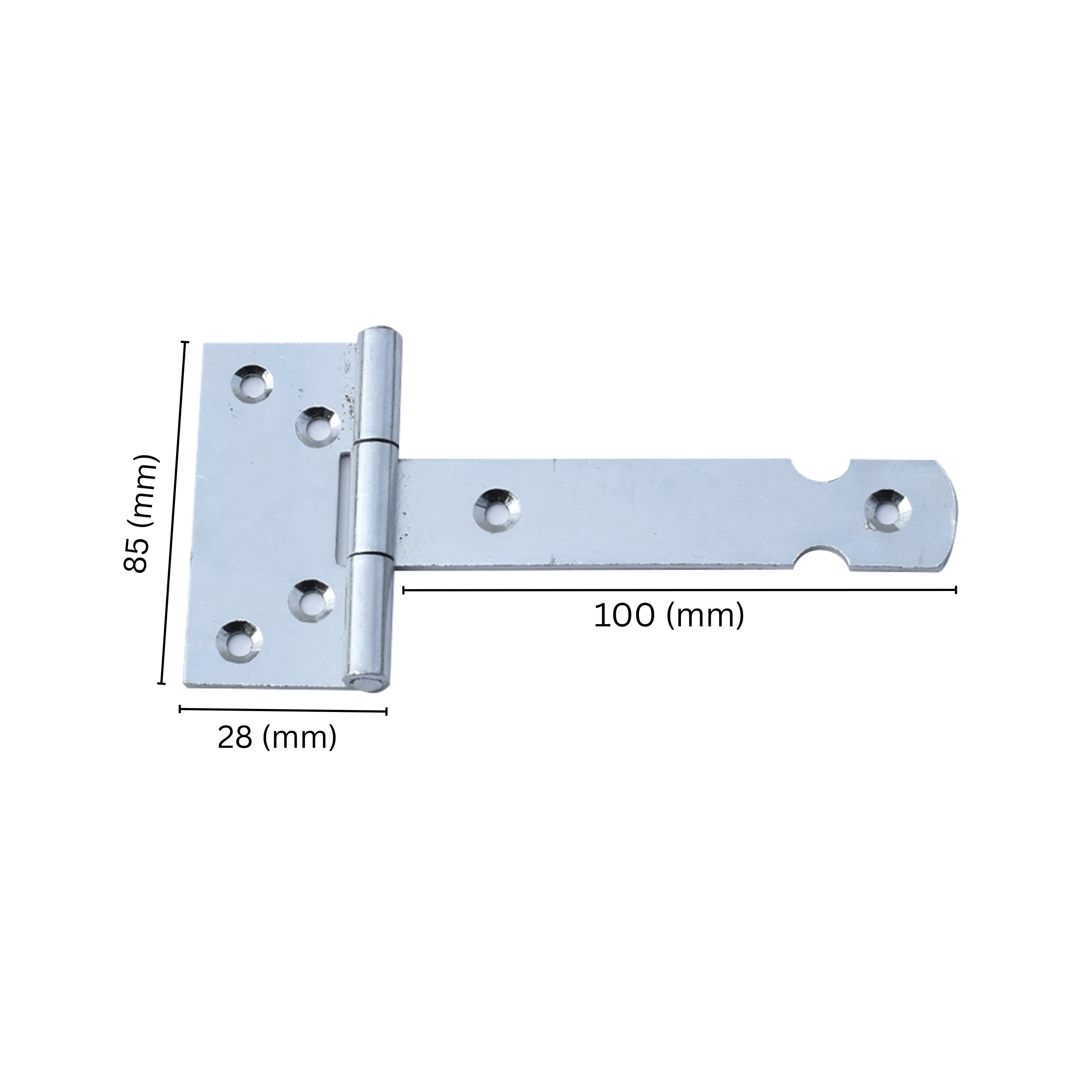 Heavy-duty T hinge with labeled dimensions.